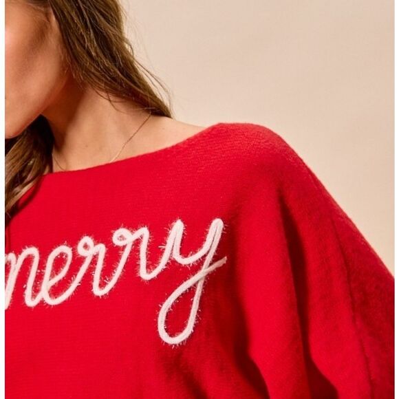 SO ME Tinsel Letters Cozy Christmas Sweater Baggy Top Red 'Merry' Text size XL - Picture 7 of 11